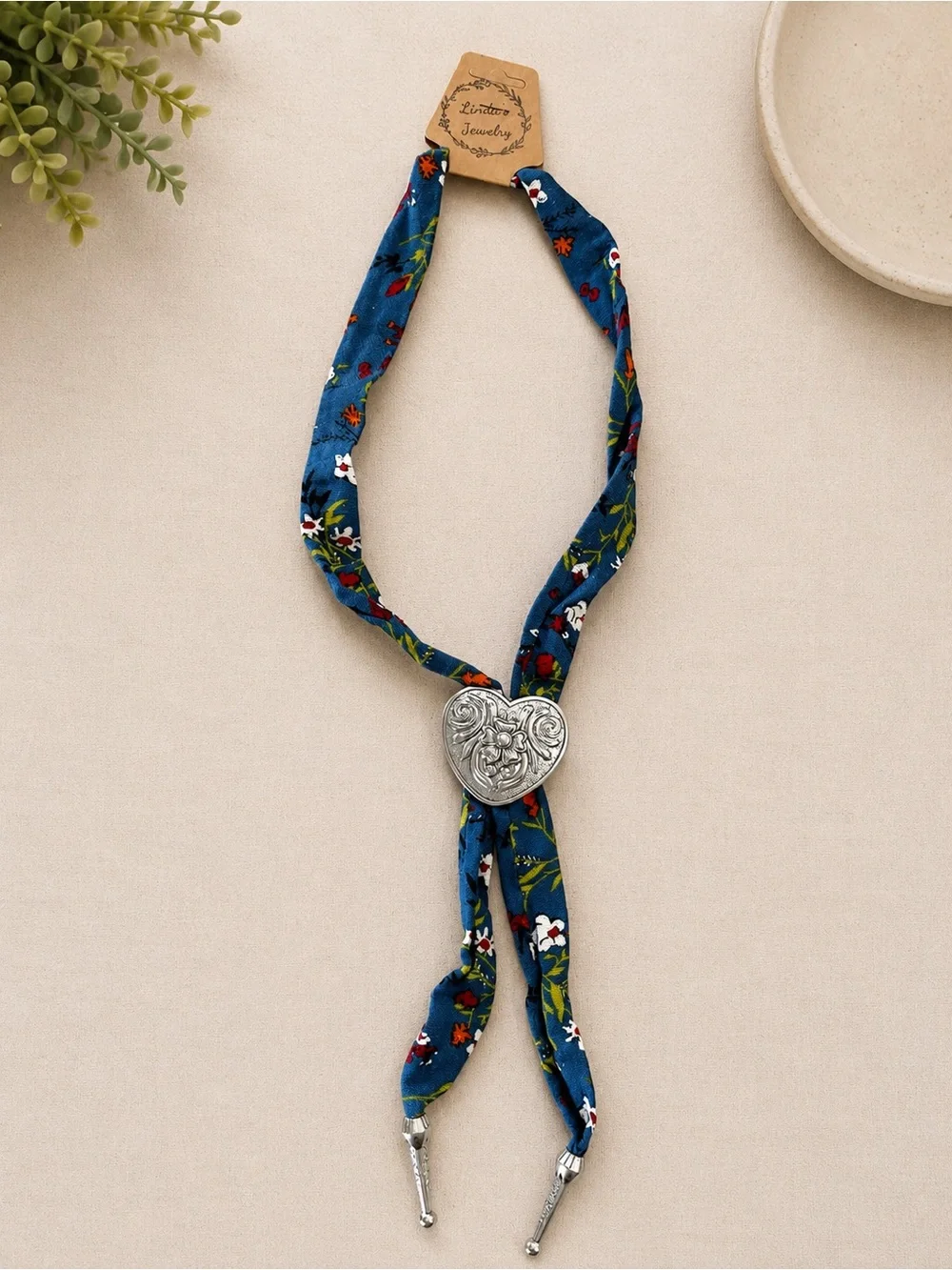 Floral Blue Heart Concho Necklace Scarf